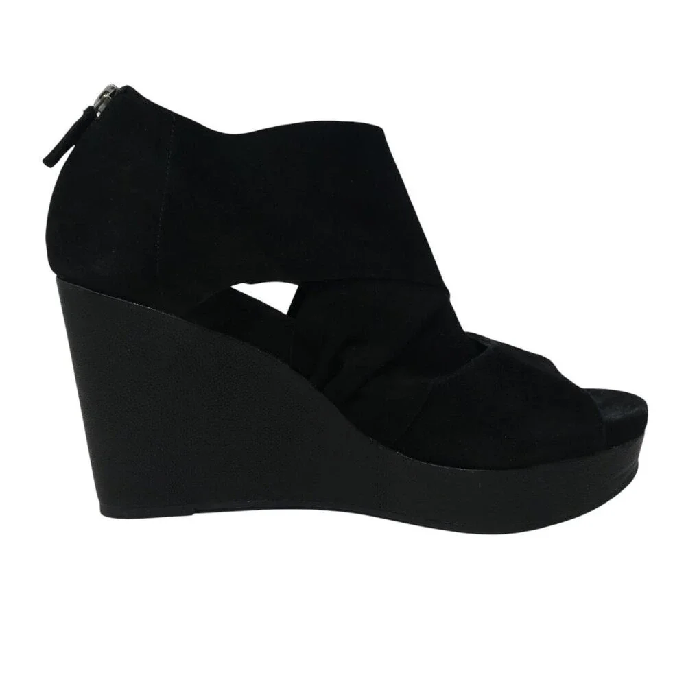 Eileen Fisher Willow Wedge Sandals Women Size 9 Black Suede Platform Crossover